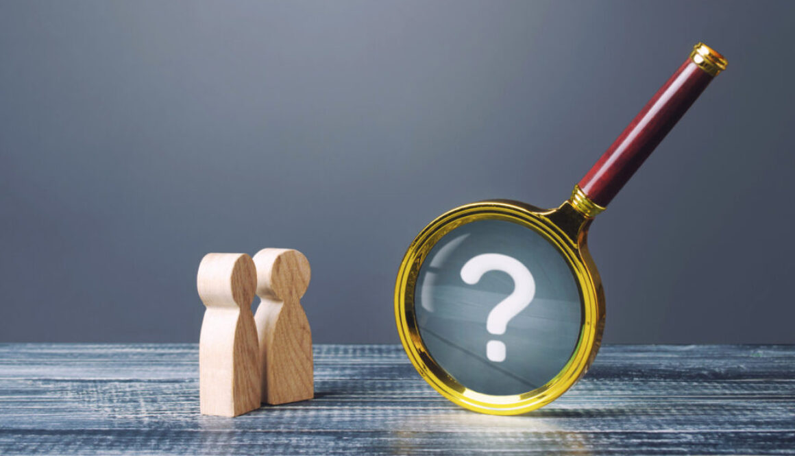 People look at magnifying glass with question mark. Search, analysis, analytics study. Pay attention to details and problems. Find something. Journalistic investigations research. Emphasize attention